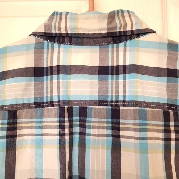 AEO BUTTON DOWN SHIRT PLAID SEERSUCKER SHORT SLEEVES STRIPED WHITE BLUE MENS XL - Picture 8 of 12